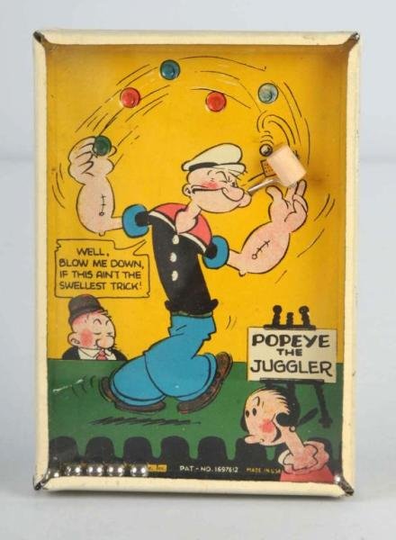 Popeye Dexterity Puzzle Game.: Marked "1929 King Features Syndicate". Tin game bottom with glass top. Includes five original steel balls. Shows Popeye, Olive Oyl, and Wimpy on game board. Size: 5" L.