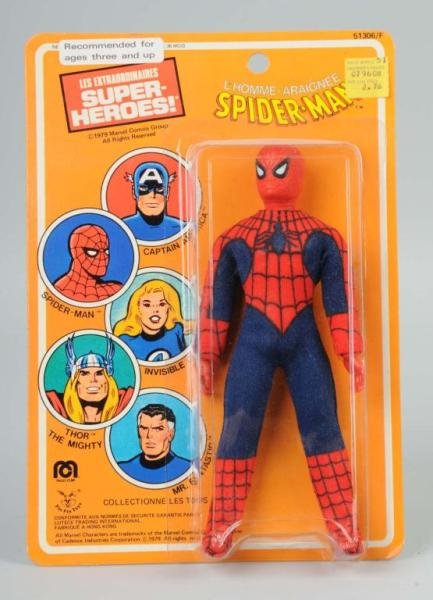 Mego Spiderman Action Figure.: Marked "1979 Marvel Comics". Foreign packaging. Original price sticker in upper right corner. Size: 8" T.