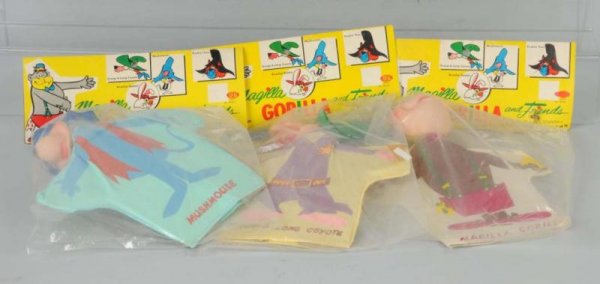 Lot of 3: Magilla Gorilla & Friends Hand Puppets.: Circa 1960s. Made by Ideal. All sealed in plastic on original header cards. Marked "Hanna-Barbara Productions". Includes Magilla Gorilla, Mush Mouse, and Droop.A.Long Coyote. Size: Each: 10" T.