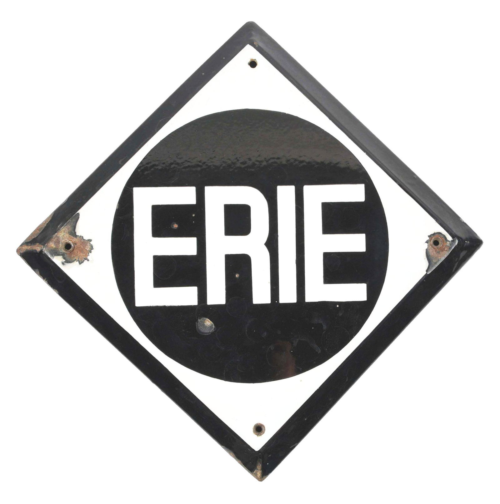 ERIE PORCELAIN STATION SIGN.: Erie diamond logo on porcelain sign with tapered border. "Erie" in white lettering in black circular field in white field diamond with black border. Three mounting holes have brass grommets, one hole 