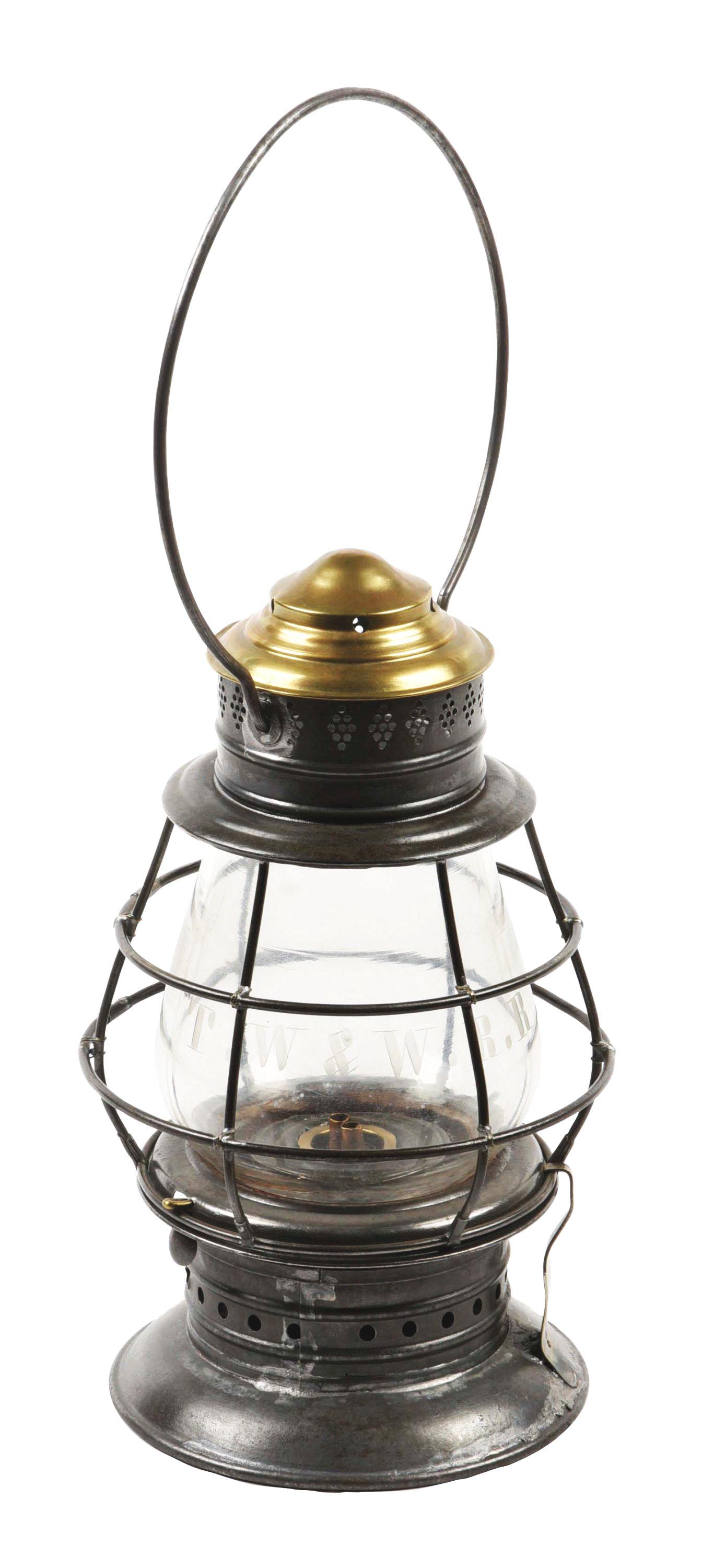 TW&W RR BELLBOTTOM RAILROAD LANTERN.: An early Cross, Dane & Westlake hallmarked brass top example. Has early Westlake 1864 patent dates lightly stamped in. Cage lifts off of bottom flange with button release. Correct base has integral fo