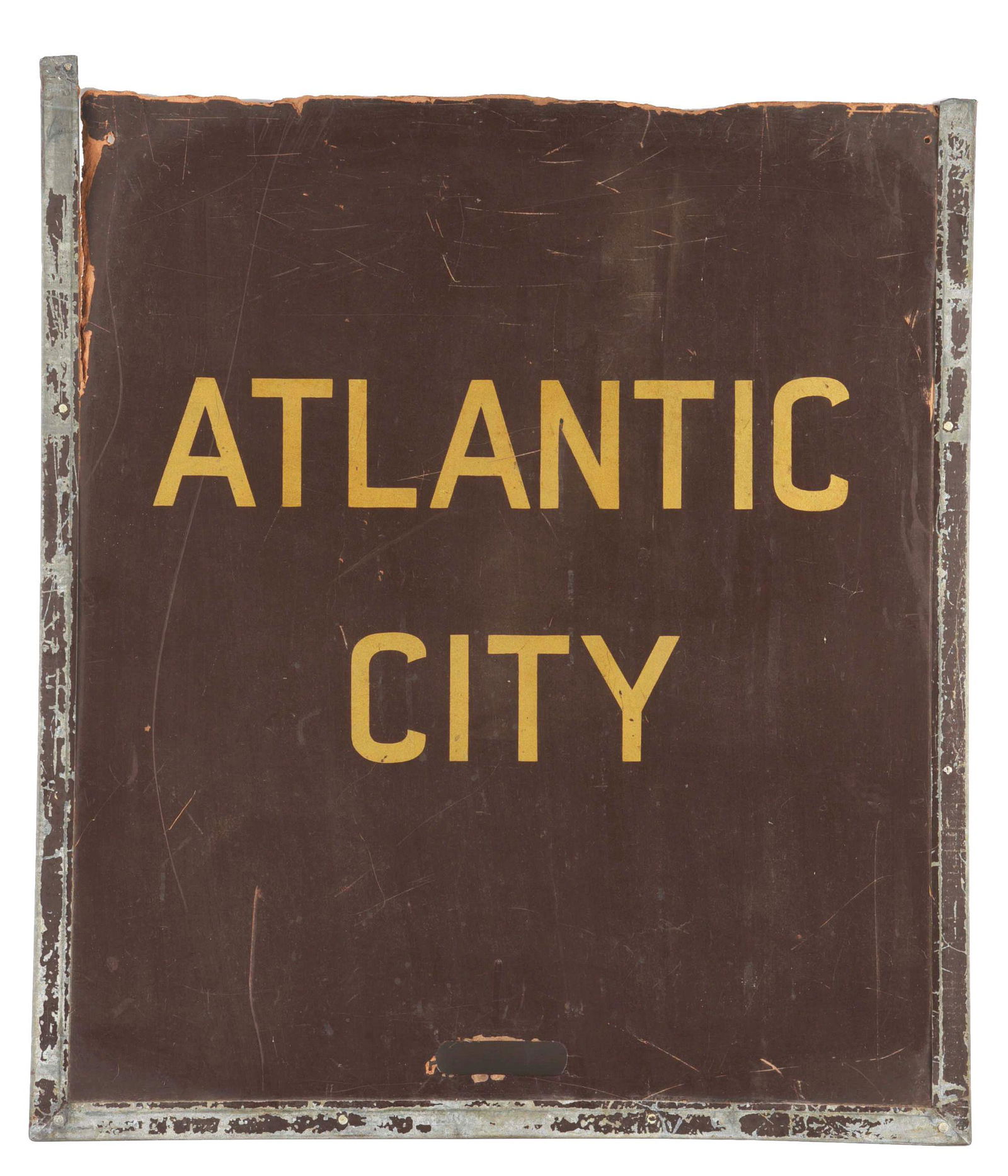 ATLANTIC CITY TRAIN ANNOUNCEMENT MASONITE SIGN W.: Single Sided Masonite Train Announcement Sign showing, "Atlantic City". Sign is in fair condition, showing clean painted lettering as well as minimal to moderate wear and scratching throughout the fie