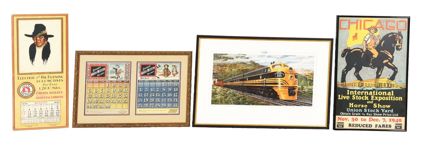 LOT OF 4: ADVERTISEMENTS AND CALENDARS.: This is a lot of four advertisements and calendars. First is a Great Northern calendar, dated August 1930, with graphic image of Native America, James Whitecalf, Glacier National Park. The second is p