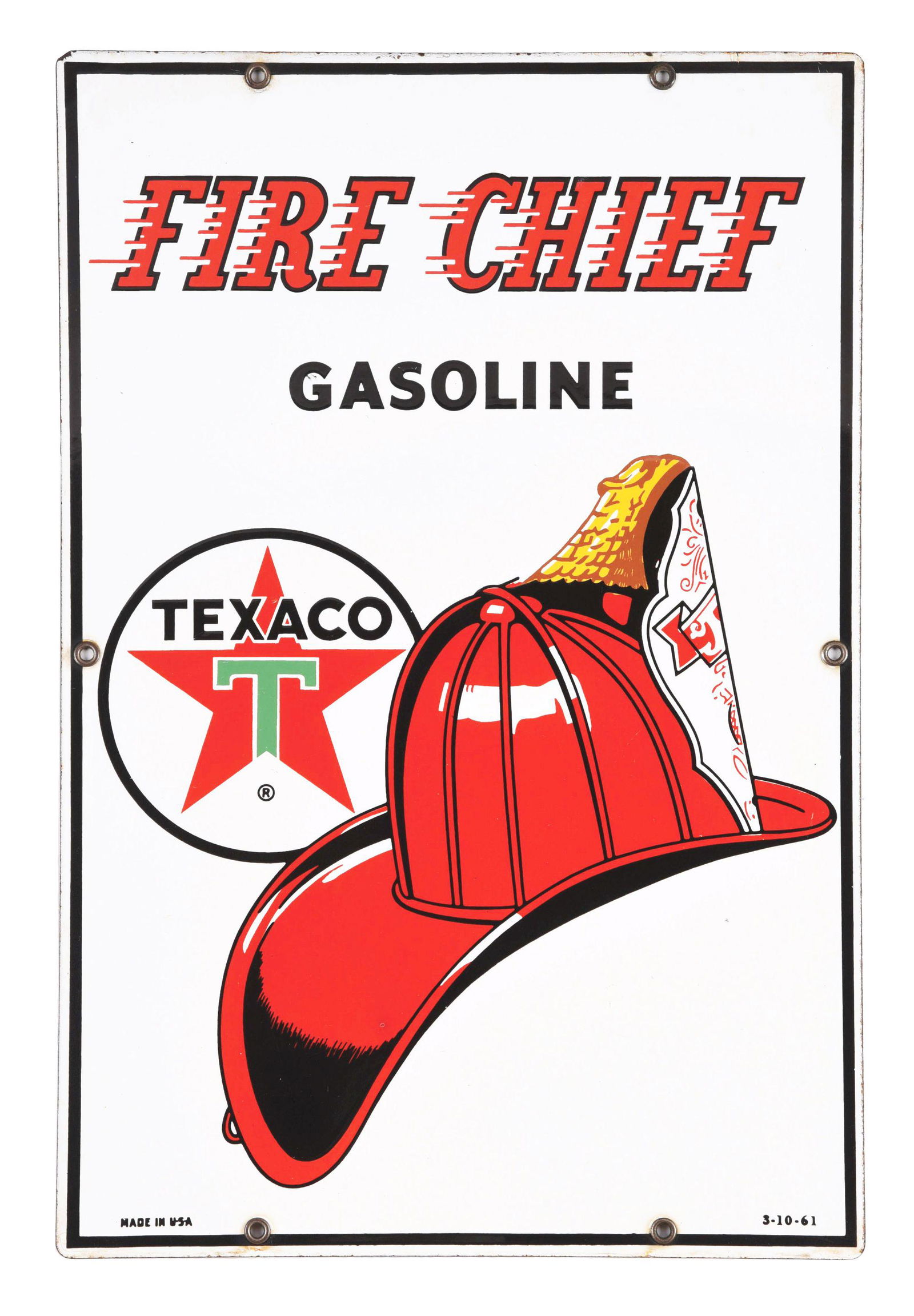 TEXACO FIRE CHIEF GASOLINE PORCELAIN PUMP PLATE SIGN. (1 of 4)