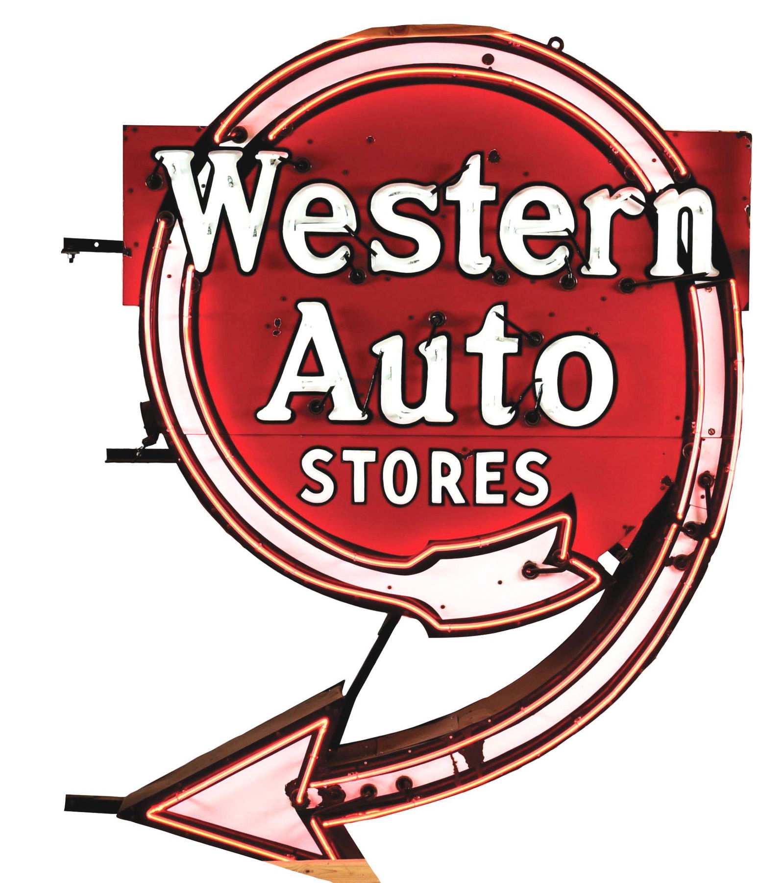 WESTERN AUTO STORES EMBOSSED PORCELAIN NEON SIGN W/: DSP. Sign shows an Artkraft Makers Label on the can. An excellent piece of Embossed Porcelain & Neon advertising for Western Auto Stores showing bright red & white neon throughout each side. Side one