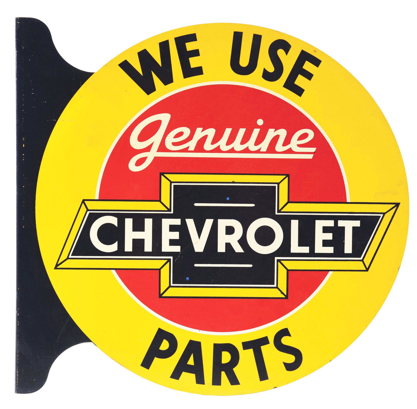 WE USE CHEVROLET GENUINE PARTS TIN FLANGE SIGN W/ BOW (1 of 3)