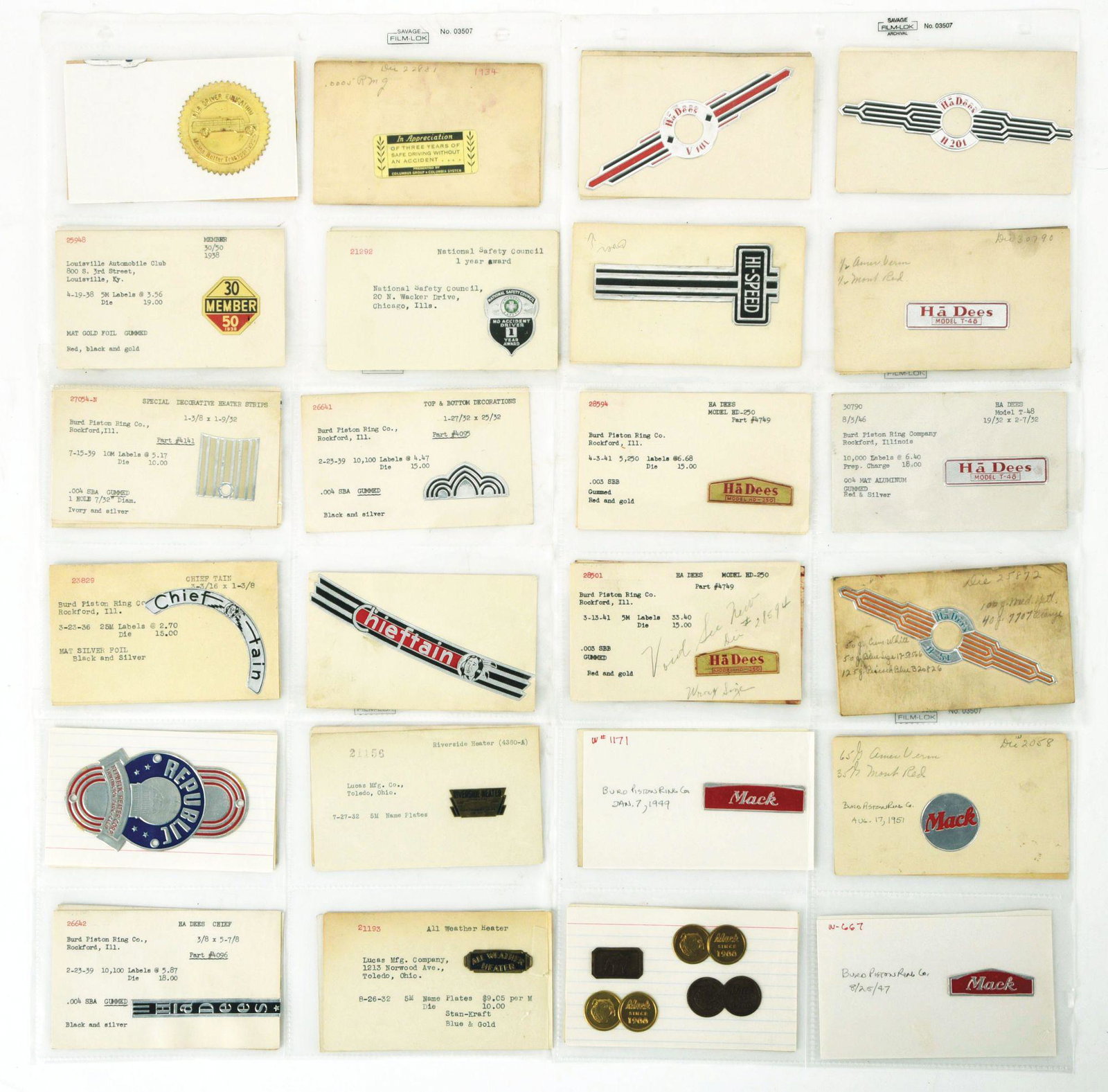 LARGE COLLECTION OF 140+ EMBOSSED FOIL MILEAGE: Large Collection of Foil Oil Change & Mileage Reminders from Angell Manufacturing. Each piece is dated and mounted on a notecard with its information. Each piece is dated from the 1920's and into the 