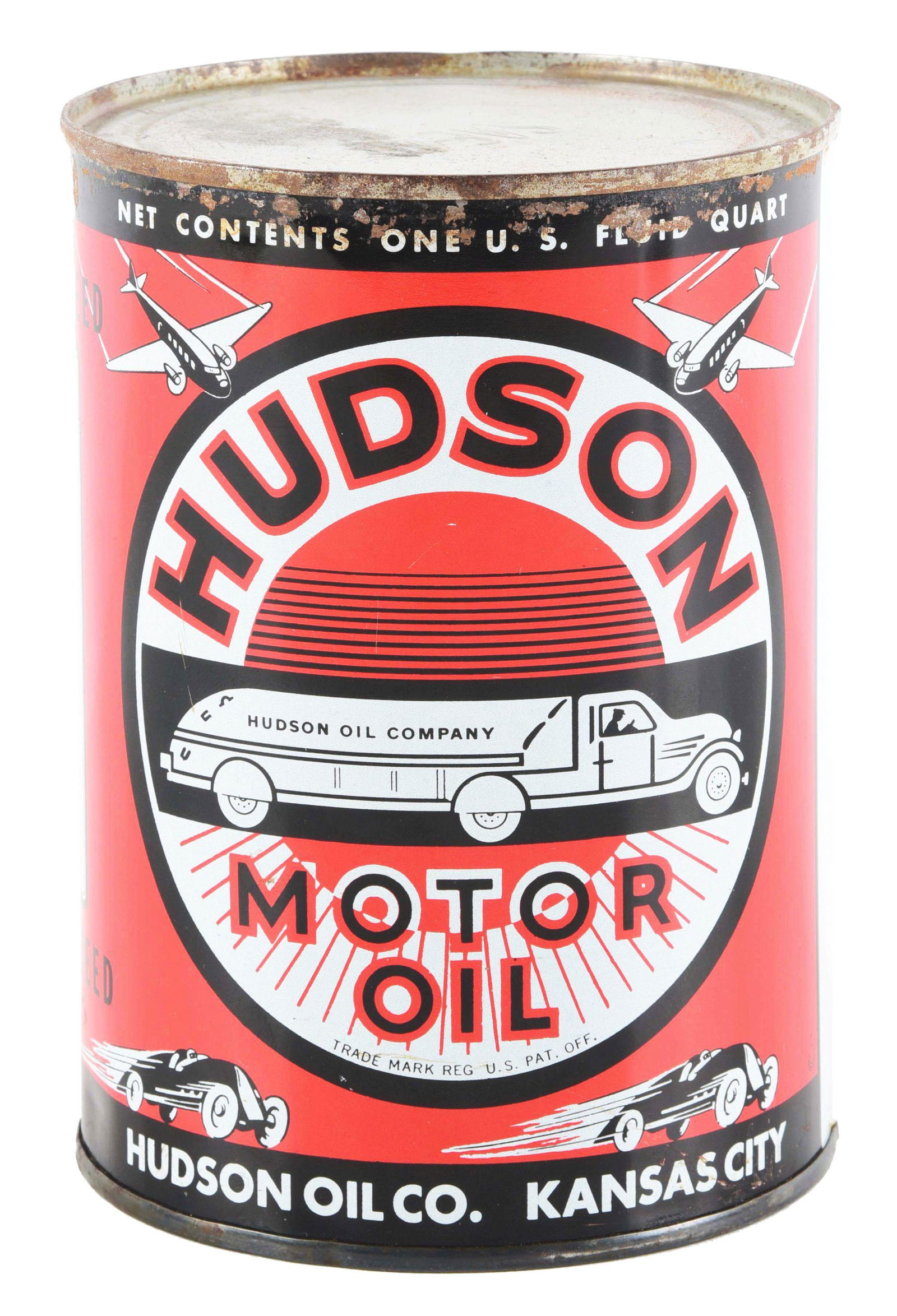 HUDSON MOTOR OILS ONE QUART CAN W/ PLANE, RACE CAR & (1 of 6)