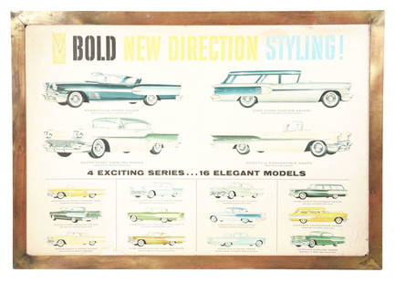 PONTIAC BOLD NEW DIRECTION STYLING CARD STOCK: Single Sided Card Stock Dealership Sign for Pontiac Automobiles. Sign shows excellent Automotive graphics throughout the entire field with some moderate areas of fading and discoloration in the field