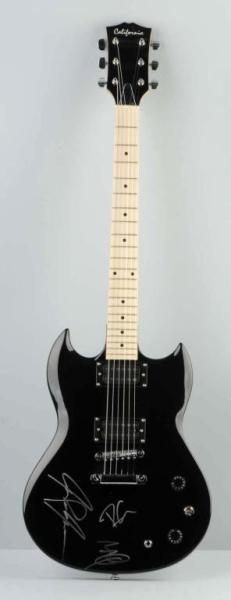 Black Led Zeppelin Guitar with COA.: Black California Electric Guitar autographed by Led Zeppelin in New York City on 9/27/06. Signatures include: Jimmy Page, John Paul Jones, and Robert Plant. All signed in silver. Includes COA's from t