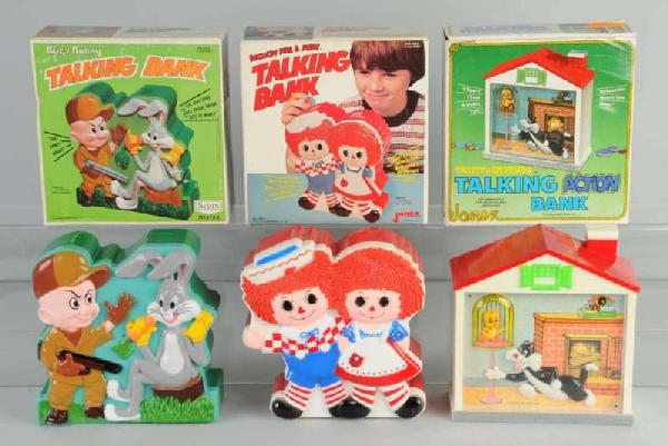 Lot of 3: Plastic Battery-Op Talking Action Banks: Complete set includes Tweety and Sylvester, Raggedy Ann, and Buggs and Elmer. All are uncommon. Size: Each: 8 - 1/2" T.