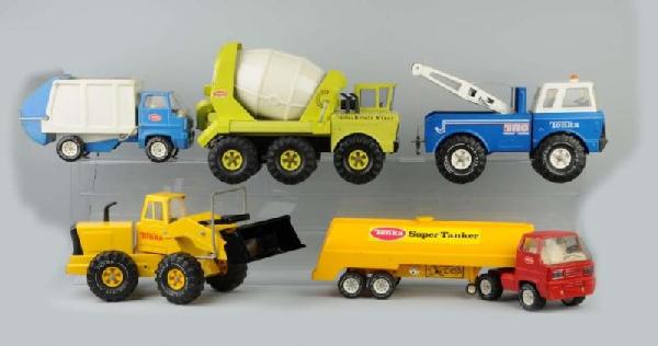 Lot of 5: Pressed Steel Tonka Vehicle Toys.: Includes dump truck, tow truck, cement mixer, tank truck, and bulldozer. Moderate overall wear. Size: Largest: 25 - 1/2" L.