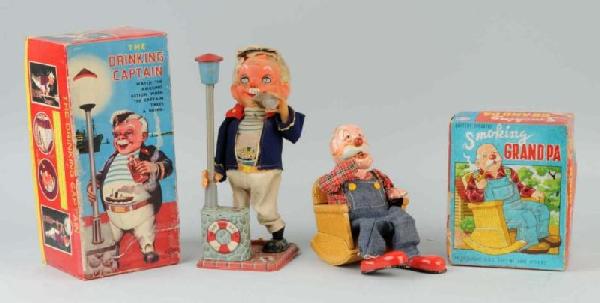 Lot of 3: Battery-Operated Toys.: Japanese. Working. Includes Smoking Grandpa, Drinking Captain, and Go Kart. Includes three original boxes. Size: Largest: 13" T.
