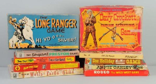 Lot of 10: TV Western Themed Board Games.: Lot includes Davy Crockett Indian Scouting Game, Wells Fargo, 1938 Lone Ranger Game, and seven others. Heavy damage and repair to the Davy Crockett game but all others have only minor damage throughou