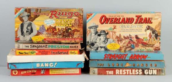 Lot of 10: TV Western Themed Board Games.: Lot includes Johnny Ringo, Overland Trail, The Restless Gun, and seven other games. Most appear to be complete but do have minor to heavy damage.