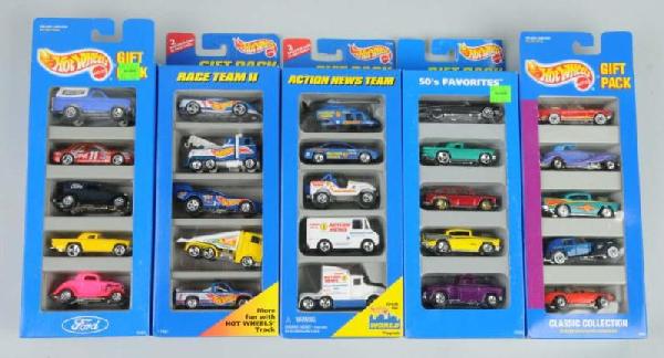 Large Lot of Mattel Hot Wheels Cars.: Circa 1990s. Includes 50 five-car Gift Packs all sealed in boxes. Not all pictured.