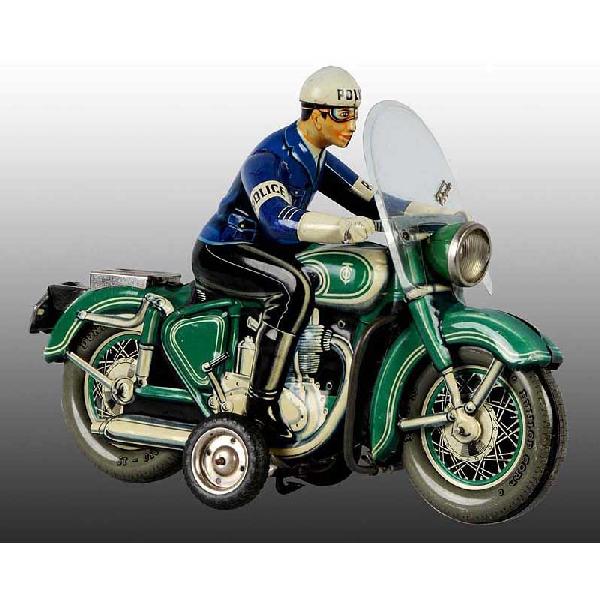 Tin Tippco Police Motorcycle Friction Toy.: German. Working. License plate marked "TCO-598", wheels marked "Dunlop Cord", original windscreen marked "Tippco", and "Made in Western Germany" on exhaust pipe. Original plastic headlight and very li