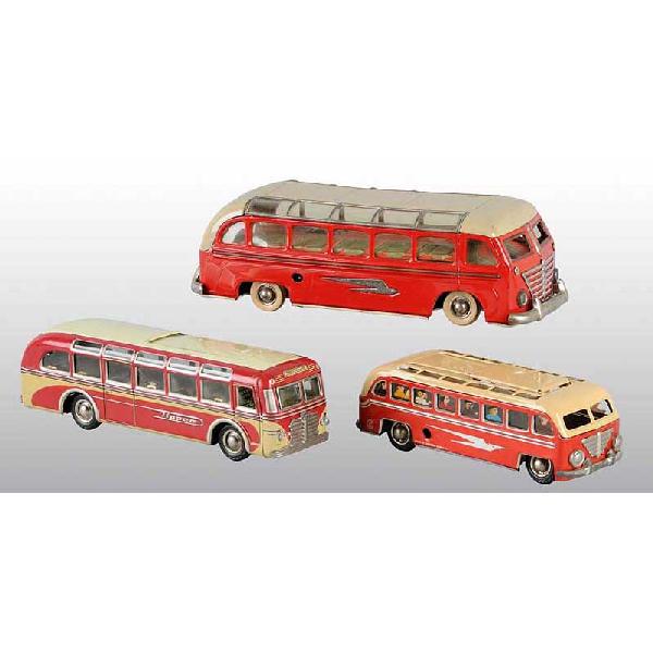 Lot of 3: Tin Bus Wind-Up Toys.: German. Working. One is made by Gunthermann with sliding roof and silhouettes of people in the windows, one is made by Tippco with sliding roof marked "Tippcar-Line" on front, and one Tippco with very