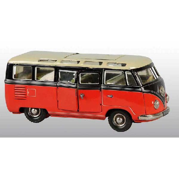 Tin Tippco Volkswagen Bus Friction Toy.: German. Circa 1950. Working. Scarce model with sliding roof, easily accessible rear door, and opening side doors. Marked "Made in Western Germany" on bottom. Pictured in Dale Kelley's "Collecting the 