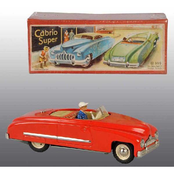 Tin CKO Cabrio Super Automobile Friction Toy.: German. Circa 1950. Working. Lever on bottom flips from hardtop to convertible. Minor wear overall. Includes original box with nice color label. Size: 9" L.