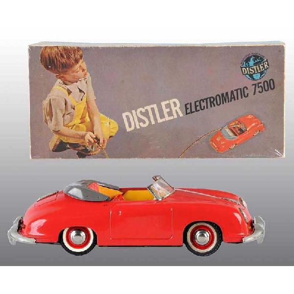 Tin Distler Porsche Automobile Wind-Up Toy.: German. Circa 1950s. Working. Car has very little wear and includes original dashboard key. Includes unusual original box with picture of boy playing with car. Box was possibly made special for the Be
