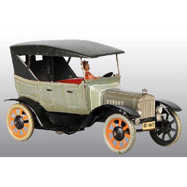 Tin Bing Automobile Wind-Up Toy.: German. Working. Scarce gray color. Soft top coupe with lithographed male driver. Includes original spare tire and license plate. Size: 6 - 1/2" L.