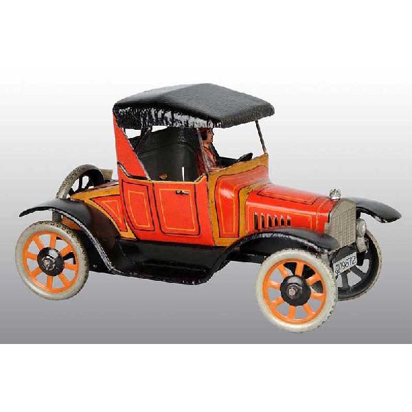 Tin Bing Soft Top Coupe Automoble Wind-Up Toy.: German. Working. Extremely scarce red color variation. Lithographed female driver. Original spare tire and license plate. Very little overall wear. Size: 6 - 1/4" L.