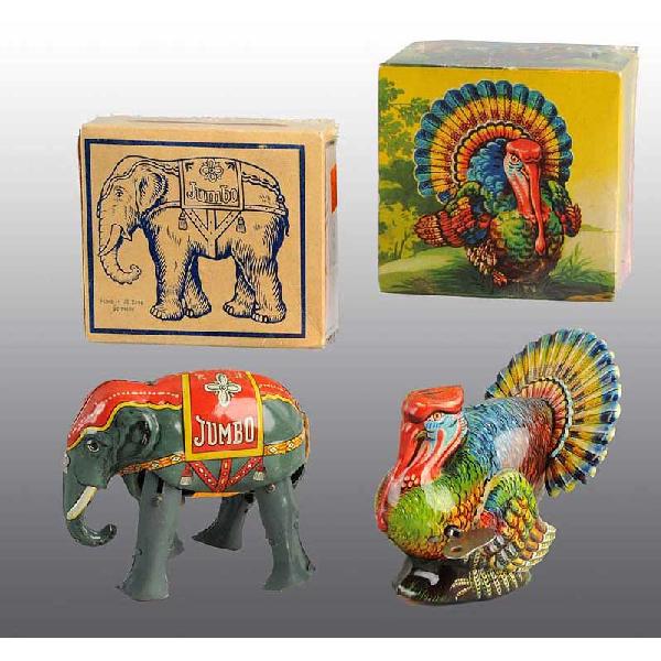 Lot of 2: Tin Animal Wind-Up Toys.: German. Working. Includes one turkey with very colorful lithography marked "Made in Western Germany" and "GNK". Also includes one Jumbo the Elephant marked "Made in US Zone Germany". Minor scratching 