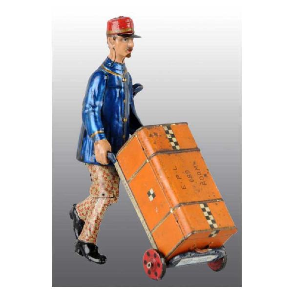 Tin Lehmann Adam the Porter Wind-Up Toy.: German. Working. Includes hard-to-find original opening trunk marked "EPL 689 Adam". Original hat brim. Some scratching and wear where knees bend and some pitting to the metal on trunk. Size: 8" T.