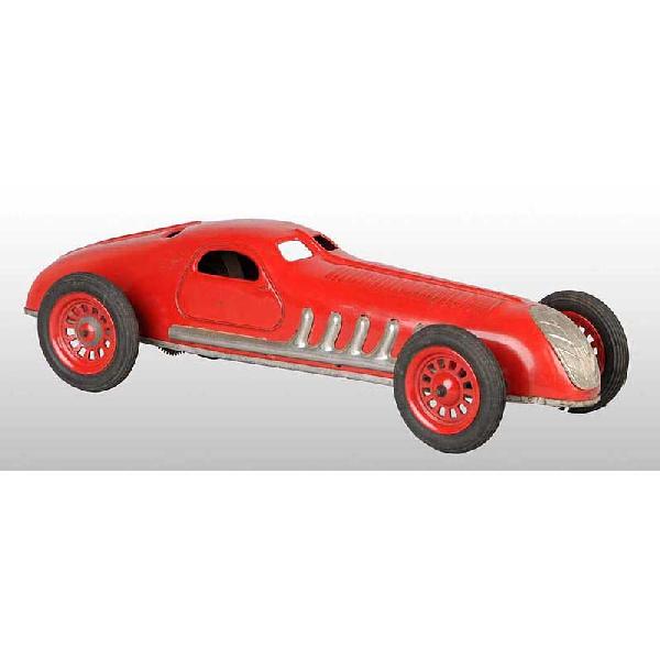 Tin Jep Boat Tail Race Car Clockwork Toy.: French. Circa 1930s. Working. Marked "Jep" on top of grille. Original black hard rubber tires. Some slight scratching and wear. Size: 14" L.