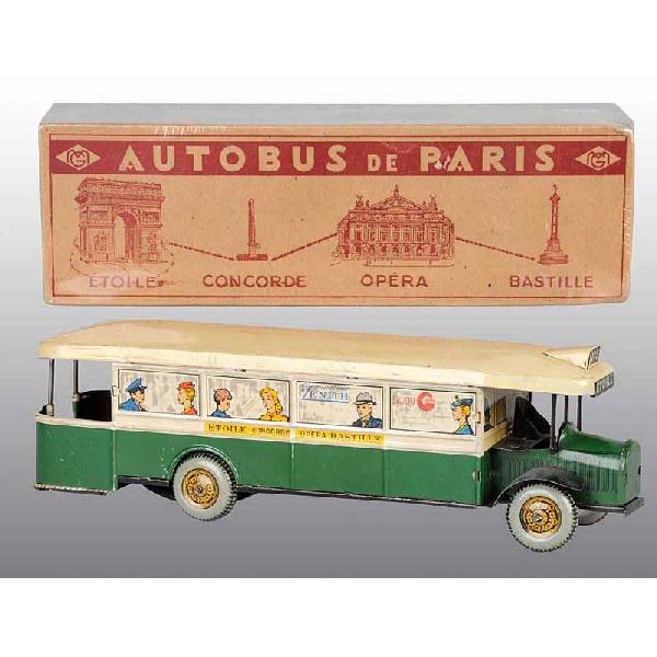 Tin Bus Wind-Up Toy.: French. Working. Bus has lithographed people in windows. Very little overall wear with just some scuffs and one dent on roof. Includes original box with drawings of famous French tourist attractions i