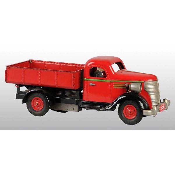 Tin Dump Truck Wind-Up Toy.: French. Working. Made by Vebe. All tin with composition driver. Battery-operated headlights. Original key. Very little overall wear. Size: 12 - 1/2" L.