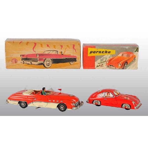 Lot of 2: Tin Automobile Toys.: French. Includes one wind-up Joustra Porsche with lithographed people in windows and marked "Made in France" on trunk. Also includes one friction Deauville Convertible with original flag and plastic p