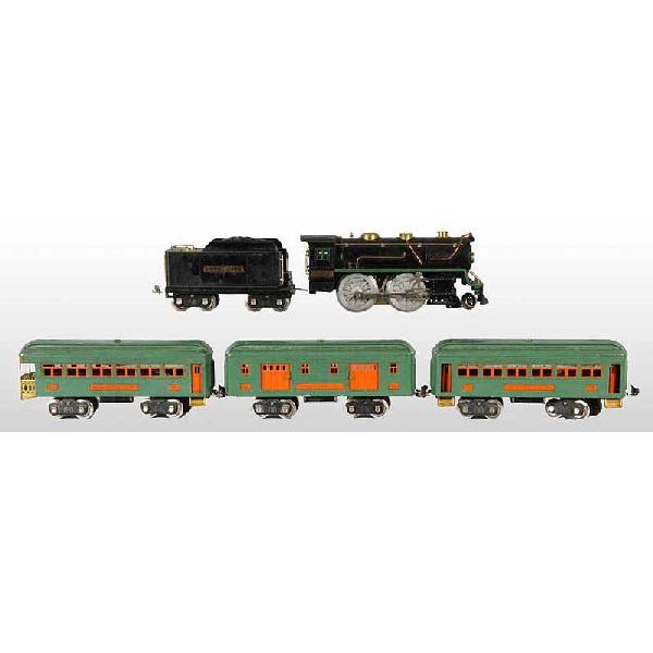 Lionel Standard-Gauge No. 384 Passenger Train Set: Set includes no. 384 Steam Engine with build-a-loco motor and replaced wheels, no. 384 T Coal Tender, no. 332 Mail Car, no. 339 Pullman Car, and no. 341 Observation Car. Engine and tender have green s
