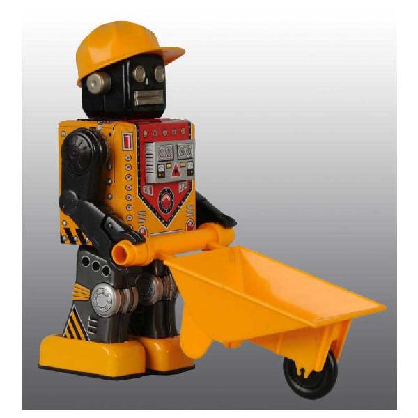 Tin & Plastic Busy Cart Robot Battery-Op Toy.: Japanese. Working. Made by S.H. Hard-to-find with original hat and push cart. Battery box is clean. Nice lithography on chest and battery box cover. Push cart has a few cracks where dump part meets ba