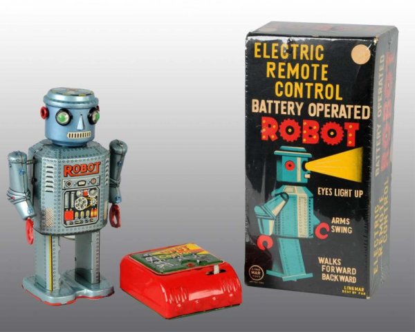 Tin Linemar R-35 Robot Battery-Operated Toy.: Japanese. Working. Remote control is version with robots walking. Battery box is clean. Robot has original eyes. Minimal wear throughout. Includes original box with nice color graphics. Size: 7 - 1/2"