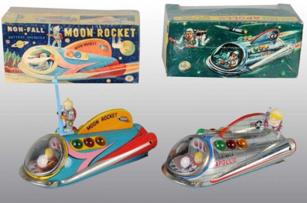 Lot of 2: Tin Space Vehicle Battery-Op Toys.: Japanese. Working. Includes one Moon Rocket with small crack to plastic windscreen and one Space Patrol marked "Space Jet 3" made by ATC with plastic rear fins and plastic bubble. Includes both origin