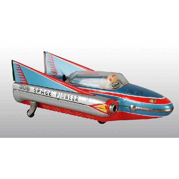 Tin Space Pioneer Vehicle Battery-Operated Toy.: Japanese. Working. Made by Modern Toys. Plastic bubble covering astronaut driver with vinyl head. Battery box is clean. Some scratching to bubble, oxidation to bare metal chrome in front, and overall 