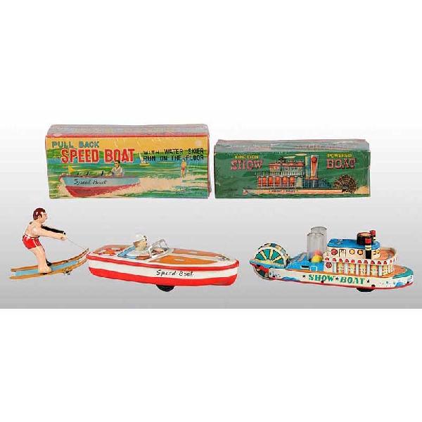 Lot of 2: Tin Litho Boat Friction Toys.: Japanese. Working. Includes one Show Boat paddle wheeler and one very unusual pull-back Speed Boat with skier. Speed Boat is operated by pulling back on skier. Very little overall wear. Includes both 