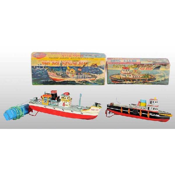 Lot of 2: Tin Whaling & Tug Boat Toys.: Japanese. Working. Both toys are very unusual and scarce. Includes one battery-operated Moby Dick Whaling Boat with remote control and one crank-friction Tug Boat. Very little wear overall. Includes b