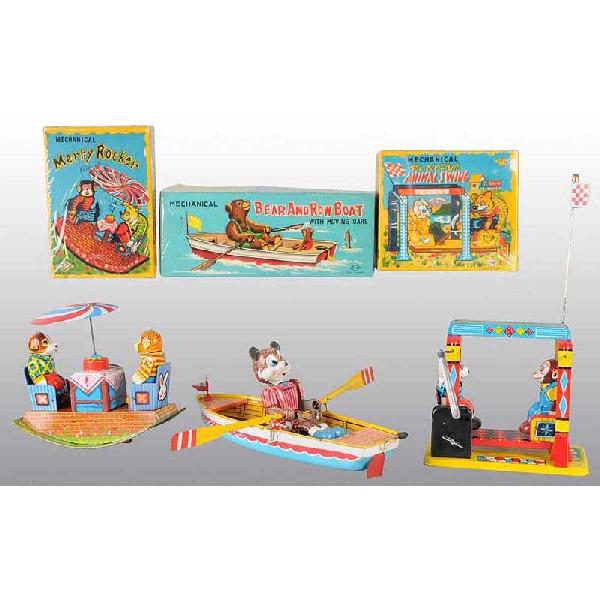 Lot of 3: Tin Animal Wind-Up Toys.: Japanese. Working. Includes one Animal Swing with original flag, one Merry Rocker with original umbrella, and one Bear in a Rowboat with original oars. Very little wear overall. Includes all original