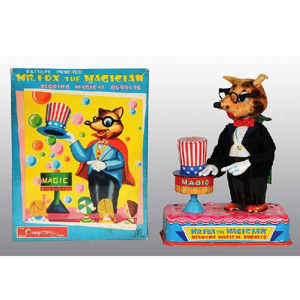 Tin Mr. Fox the Magician Battery-Operated Toy.: Japanese. Working. Made by Yonesowa. Minor scratching around base and bubble soiling to head. Includes original box with slight creasing. Size: 9 - 1/4" T.