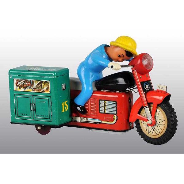 Tin Motorcycle Battery-Operated Toy.: Chinese. Circa 1960. Working. Scarce toy. Gas tank and figure are plastic and vinyl. Marked "Engineering Motorcycle" on top of toy. Size: 10 - 1/4" L.