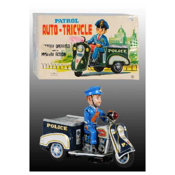 Tin Police Auto-Cycle Battery-Operated Toy.: Japanese. Working. Made by TN. Very little wear overall. Includes original box with nice color graphics. Some slight tearing and creasing with a few small spots of paper loss. Size: 9 - 3/4" L.