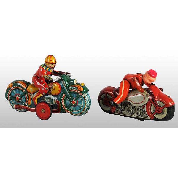 Lot of 2: Tin Motorcycle Wind-Up Toys.: Japanese. Working. Includes one all-tin clown motorcycle and one tin civilian cycle with celluloid head. Minor scratching and wear to seats where figures sit. Size: Largest: 6 - 1/4" L.