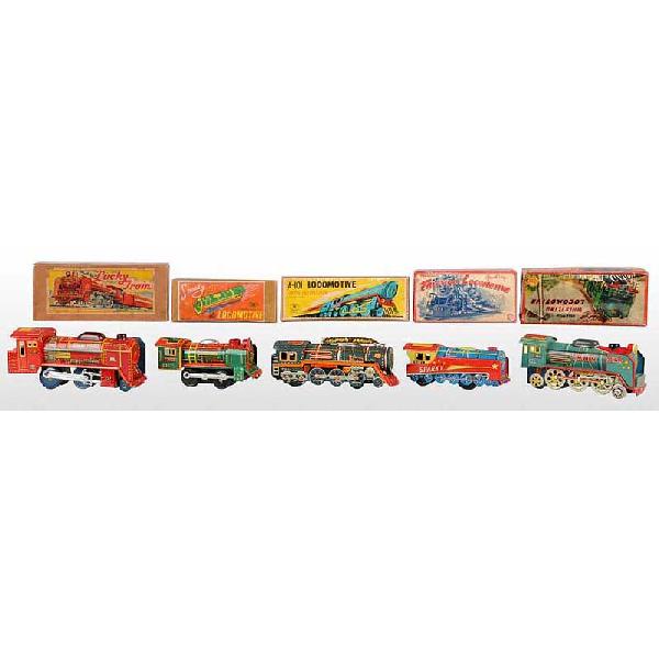 Lot of 5: Tin Train Friction Toys.: Japanese. Working. All are single engines with nice lithography. Includes all original boxes. Size: Each: 7" L.