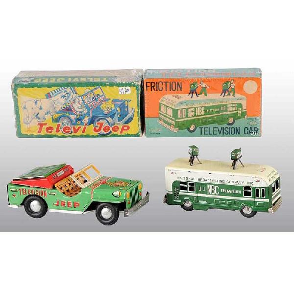 Lot of 2: Tin Television Vehicle Friction Toys.: Japanese. Working. Includes small NBC Television Truck with two cameras mounted on top and one Crown Television Jeep. When friction is operated on Crown Jeep a boxing scene is simulated on television