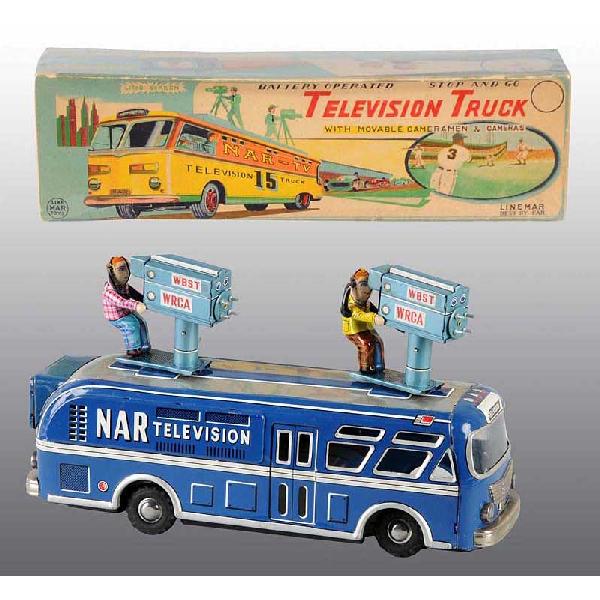 Tin NAR Television Truck Battery-Operated Toy.: Japanese. Working. Made by Linemar. When in operation, back screen lights up to show images. Very light scratching overall. Includes original box with very nice color graphics including a depiction of
