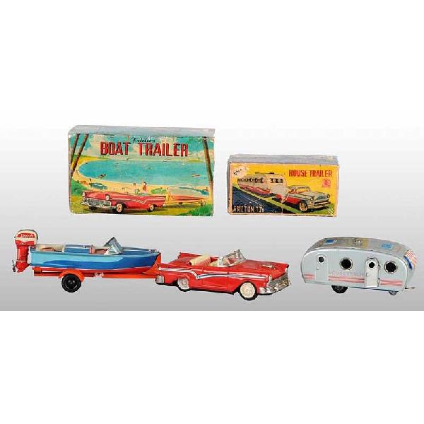 Lot of 2: Tin Trailer Vehicle Friction Toys.: Japanese. Working. Includes one car pulling a boat trailer with boat and one house trailer. Includes both original boxes with some creasing and tearing. Size: Largest: 16" L.