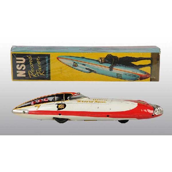 Tin NSU Record Racer Car Friction Toy.: Japanese. Circa 1950s. Working. Made by Bandai. Marked "Record Racer NSU 7". When friction is operated, sparks emit from back plastic windows. Some scratching and wear with a few spots of factory touc